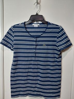 Lacoste Navy & White Striped Short Sleeve Henley